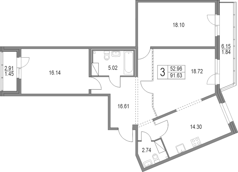 3-комнатная квартира 91.63 м², 7/19 эт., ЖК «Приморский квартал»